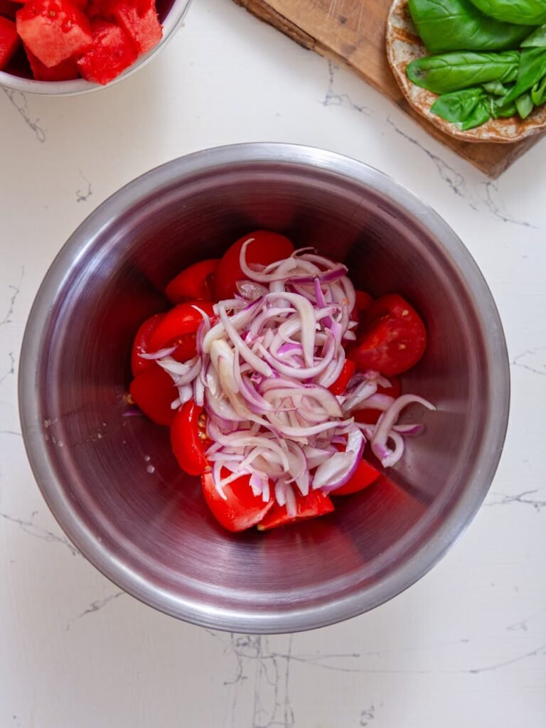 Assemble the Salad Base- Watermelon Panzanella Salad